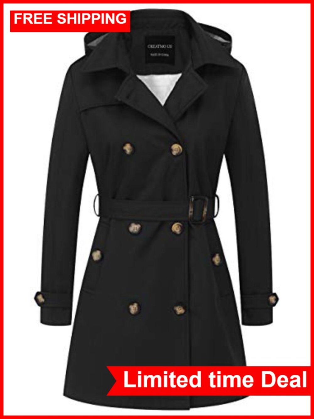 Women's Mid-Length Double-Breasted Trench Coat Belted Detachable Hood
